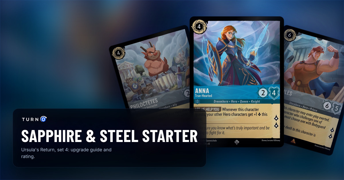 Three cards from the Disney Lorcana Sapphire & Steel starter deck fanned out: Anna - True-Hearted in front, with Hercules - Beloved Hero and Philoctetes - No-Nonsense Instructor behind.