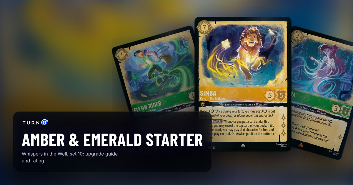 Three cards from the Disney Lorcana Amber & Emerald starter deck fanned out: Simba - King in the Making in front, with Megara - Secret Keeper and Flynn Rider - Spectral Scoundrel behind.