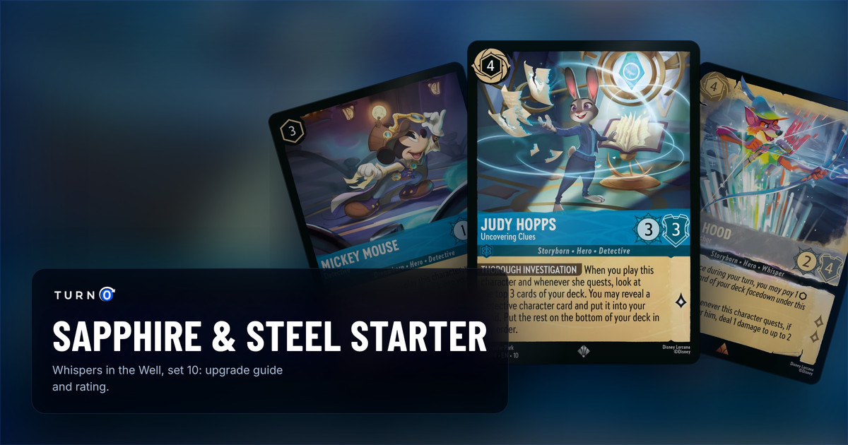 Three cards from the Disney Lorcana Sapphire & Steel starter deck fanned out: Judy Hopps - Uncovering Clues in front, with Robin Hood - Ephemeral Archer and Mickey Mouse - Detective behind.