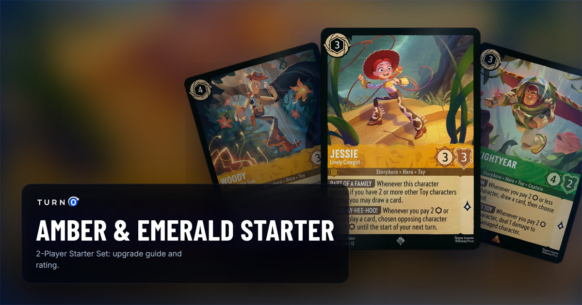 Three cards from the Disney Lorcana Amber & Emerald starter deck fanned out: Jessie - Lively Cowgirl in front, with Buzz Lightyear - On the Way and Woody - Leader of the Toys behind.