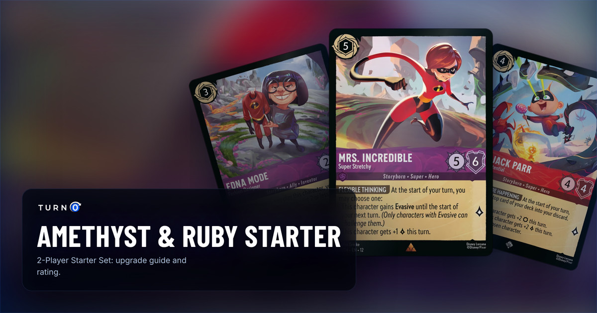 Three cards from the Disney Lorcana Amethyst & Ruby starter deck fanned out: Mrs. Incredible - Super Stretchy in front, with Jack-Jack Parr - Incredible Potential and Edna Mode - Fashion Designer behind.