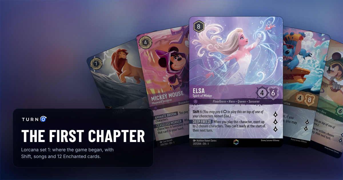 Five The First Chapter Enchanted cards fanned out: Simba - Returned King, Mickey Mouse - Wayward Sorcerer, Elsa - Spirit of Winter in front, Stitch - Carefree Surfer and Mickey Mouse - Artful Rogue.