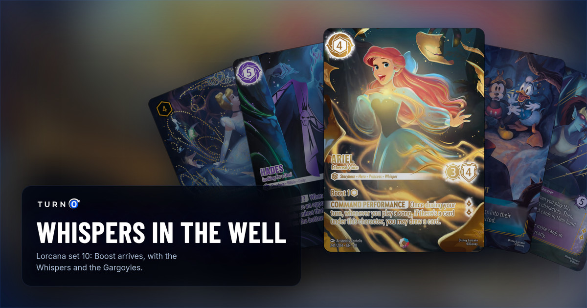 Five Whispers in the Well Iconic and Enchanted cards fanned out: Cinderella - Dream Come True, the Iconic Hades - Looking for a Deal, the Iconic Ariel - Ethereal Voice in front, Spooky Sight and Demona - Scourge of the Wyvern Clan.