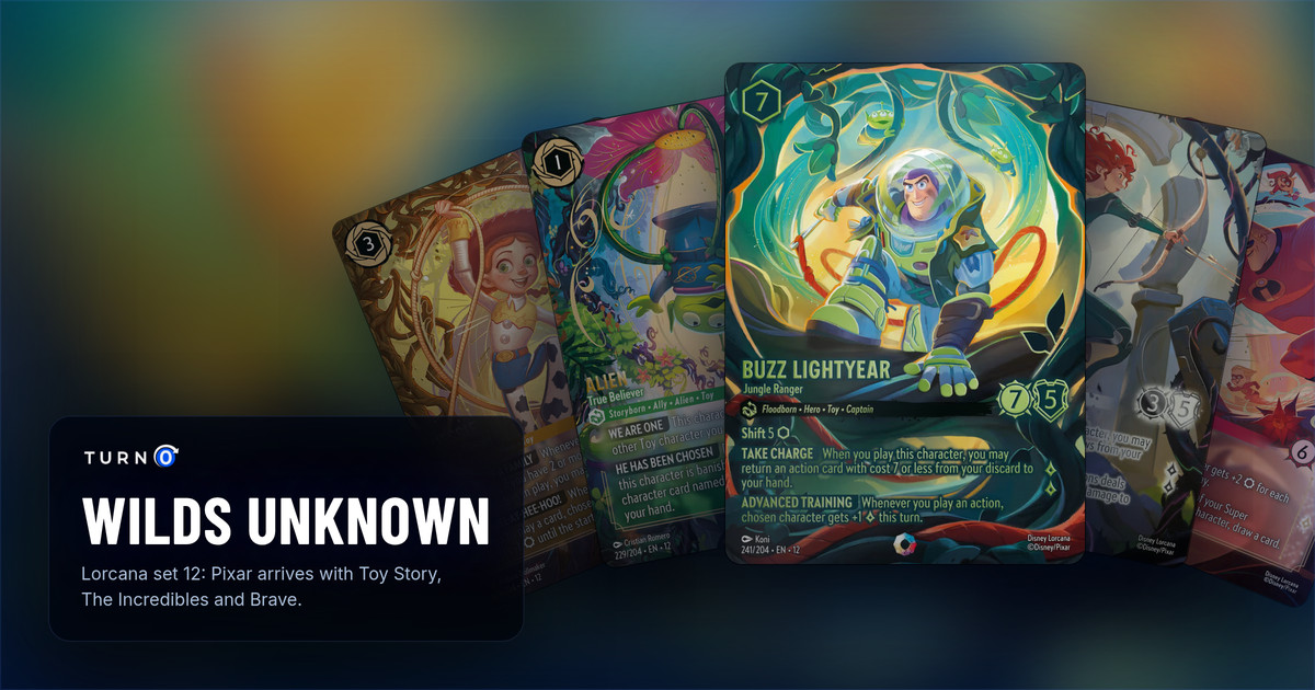 Five Wilds Unknown Iconic and Enchanted cards fanned out: Jessie - Lively Cowgirl, Alien - True Believer, Buzz Lightyear - Jungle Ranger in front, Merida - Formidable Archer and Mr. Incredible - Super Strong.