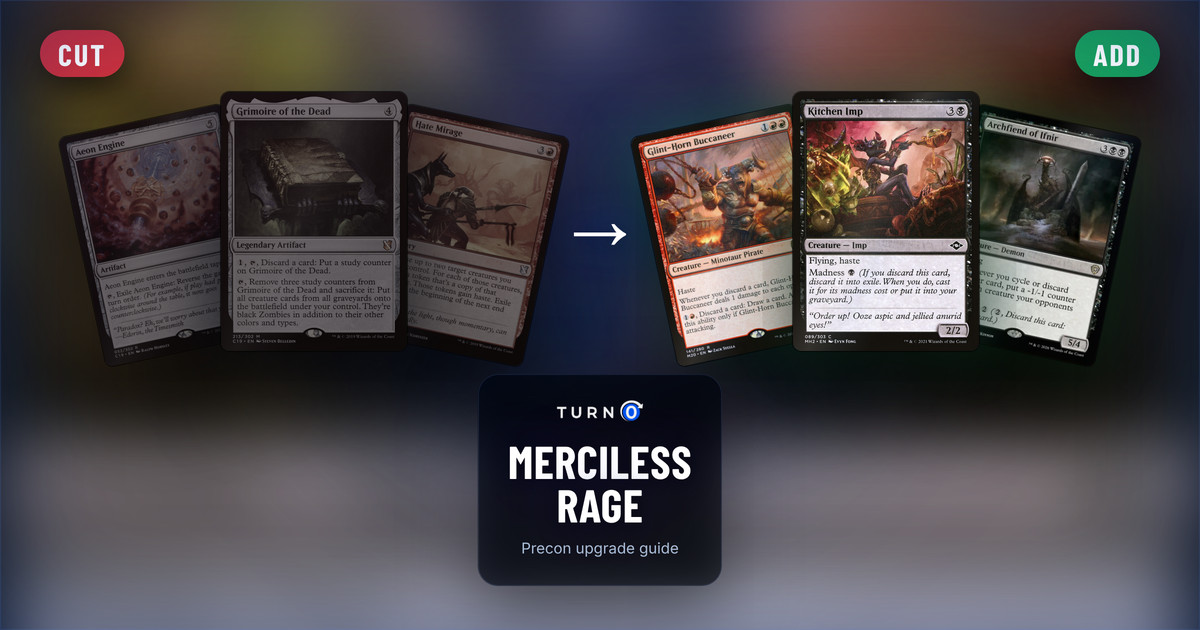 Six Magic cards for the Merciless Rage Commander precon: Aeon Engine, Grimoire of the Dead and Hate Mirage on the left, tagged to cut, and Glint-Horn Buccaneer, Kitchen Imp and Archfiend of Ifnir on the right, tagged to add.