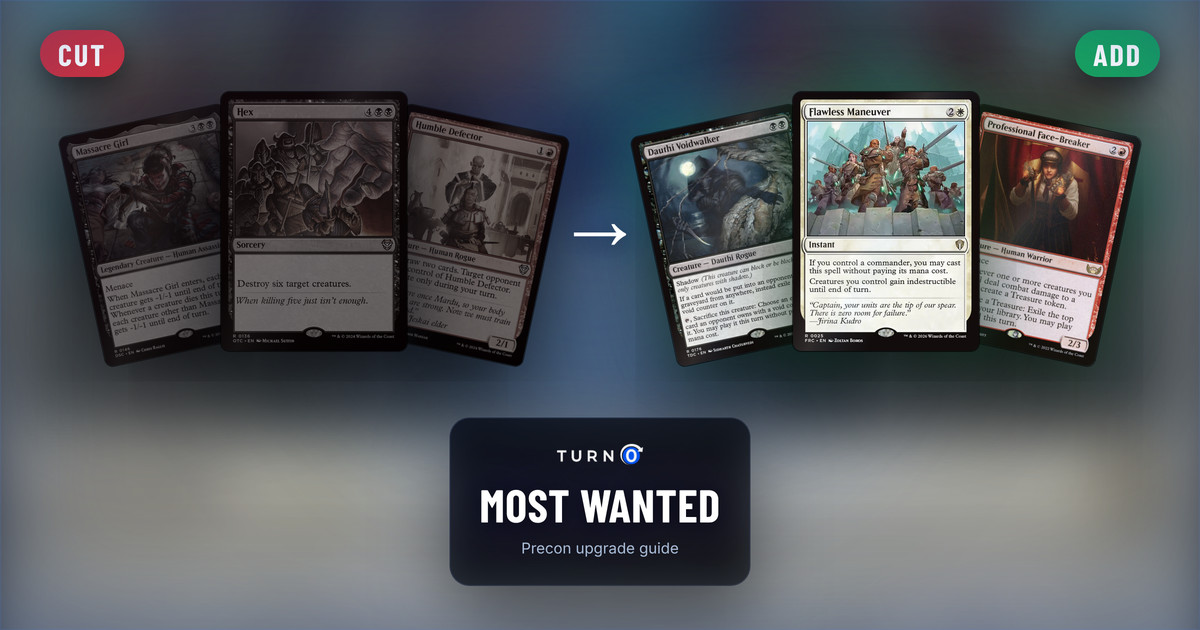 Six Magic cards for the Most Wanted Commander precon: Massacre Girl, Hex and Humble Defector on the left, tagged to cut, and Dauthi Voidwalker, Flawless Maneuver and Professional Face-Breaker on the right, tagged to add.