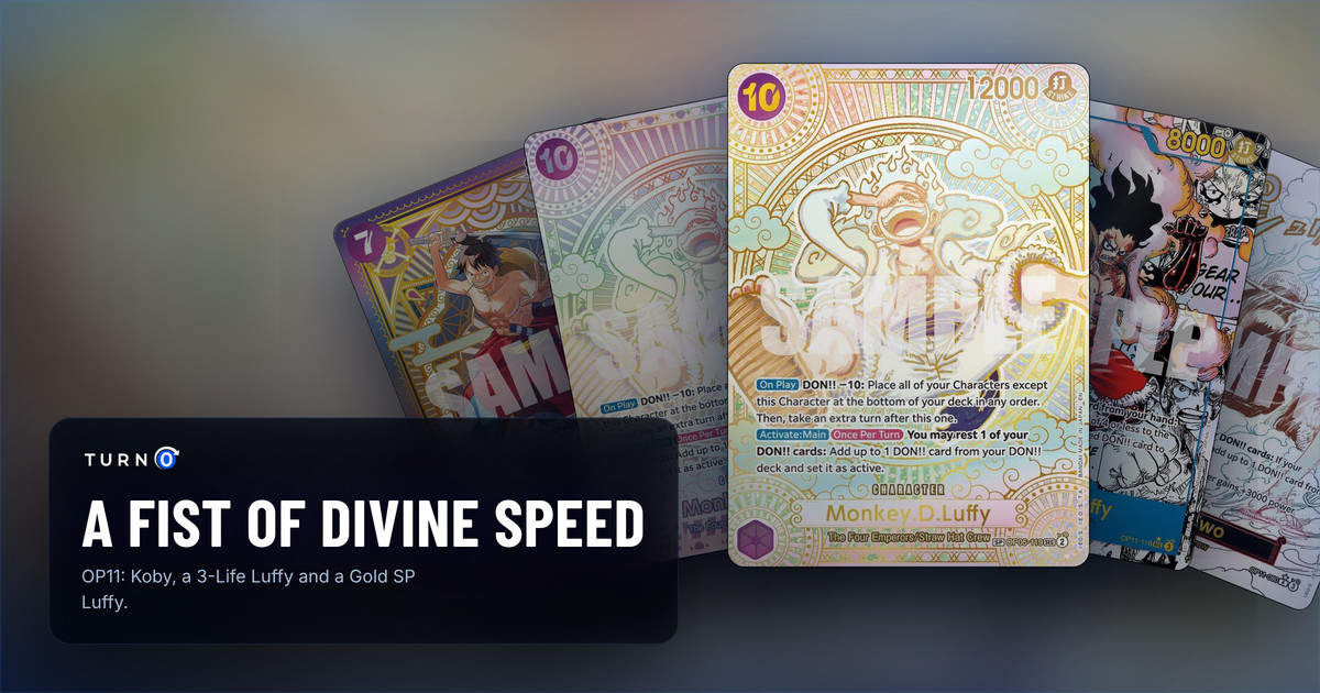 Five of the most valuable printings in OP11 A Fist of Divine Speed fanned out: SP Luffy-Tarou, SP Monkey.D.Luffy, Gold SP Monkey.D.Luffy in front, Manga Monkey.D.Luffy and Alternate Art Gear Two.