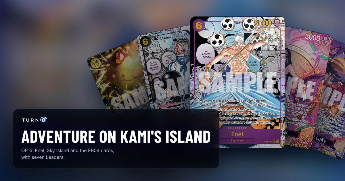 Five of the most valuable printings in OP15 Adventure on Kami's Island fanned out: SP Zeus, Manga Koby, the Manga Enel in front, SP Boa Hancock and SP Monkey.D.Luffy.
