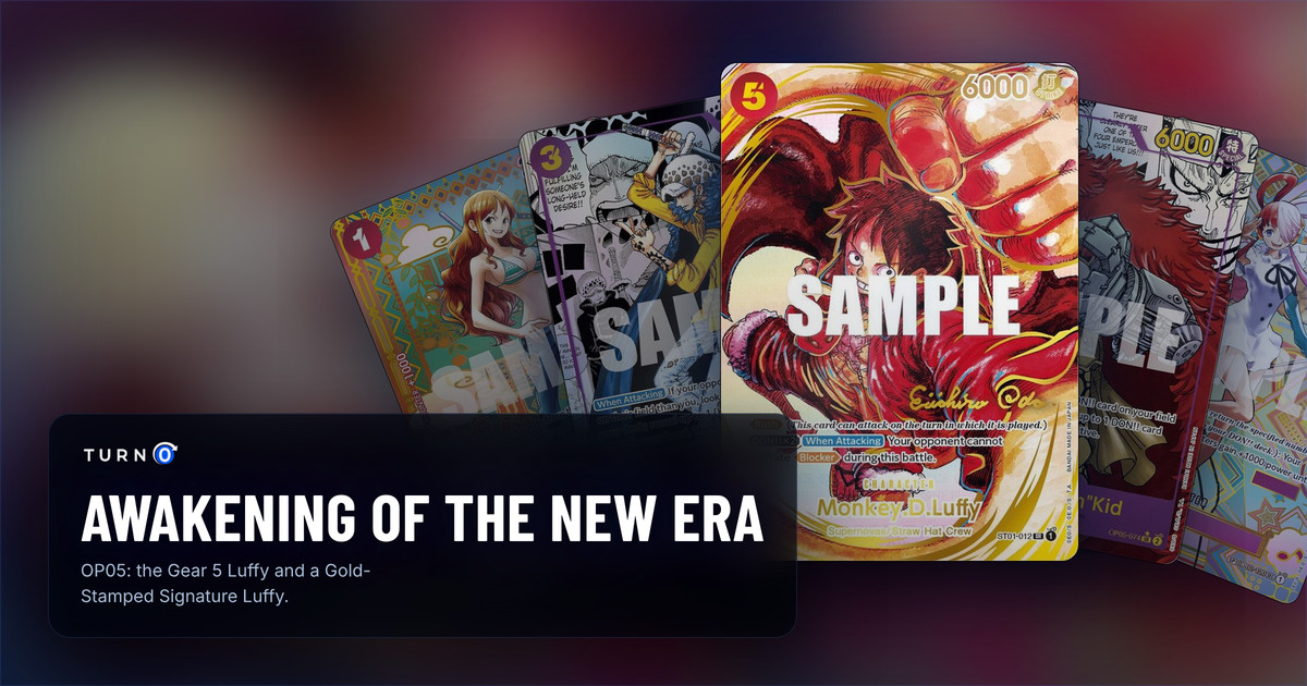 Five of the most valuable printings in OP05 Awakening of the New Era fanned out: SP Nami, Manga Trafalgar Law, Gold-Stamped Signature Monkey.D.Luffy in front, Manga Eustass"Captain"Kid and SP Uta.