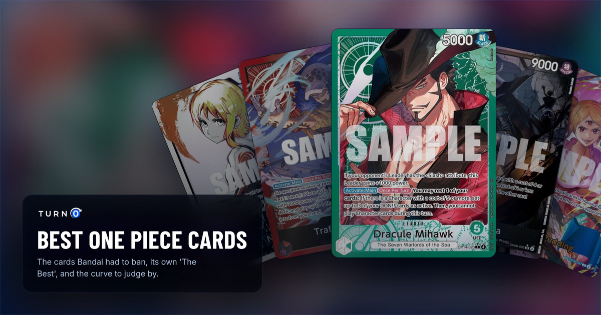 Five One Piece cards Bandai has banned fanned out: the Alternate Art Nami Leader, the Trafalgar Law Leader, the Alternate Art Dracule Mihawk Leader in front, the Alternate Art Gecko Moria and the SP Charlotte Pudding.