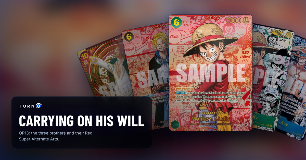 Five of the most valuable printings in OP13 Carrying On His Will fanned out: Gold SP Shanks, Red Super Alternate Art Sabo, Red Super Alternate Art Monkey.D.Luffy in front, Super Alternate Art Monkey.D.Luffy and Super Alternate Art Portgas.D.Ace.