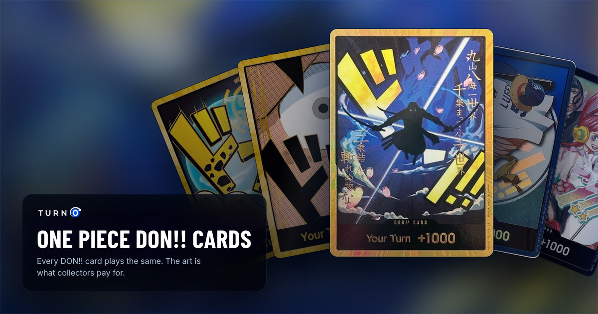 Five collectible DON!! cards fanned out: the Gold Trafalgar Law and Gold Luffy DON!! cards from PRB-01, the Gold Zoro DON!! card from PRB-01 in front, the LA Dodgers 2026 promo and the One Piece Day Dallas 2025 promo.