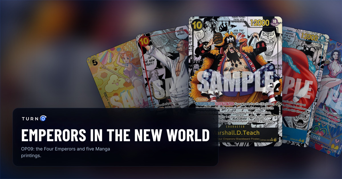 Five of the most valuable printings in OP09 Emperors in the New World fanned out: SP Nami, Manga Shanks, Manga Marshall.D.Teach in front, Manga Buggy and SP Boa Hancock.