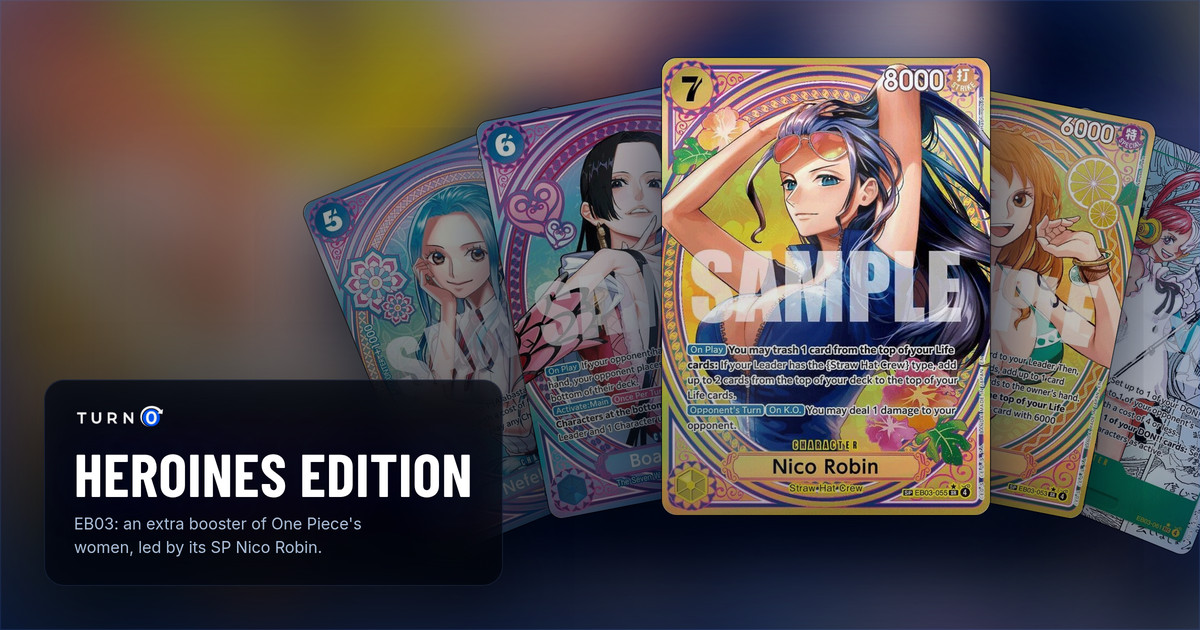 Five of the most valuable printings in EB03 Heroines Edition fanned out: SP Nefeltari Vivi, SP Boa Hancock, the SP Nico Robin in front, SP Nami and Manga Uta.