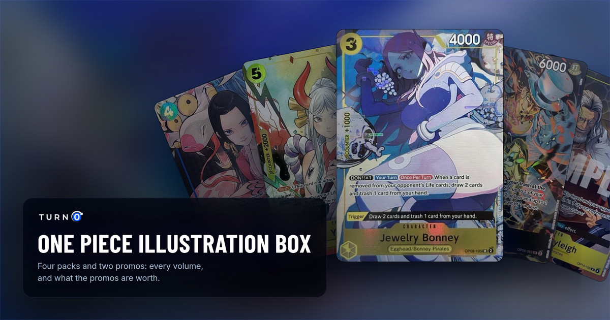 Five Illustration Box promo cards fanned out: the textured Boa Hancock from Vol.1, the textured Yamato from Vol.2, the Jewelry Bonney from Illustration Box EX in front, the Rob Lucci from EX and the Silvers Rayleigh from Vol.7.
