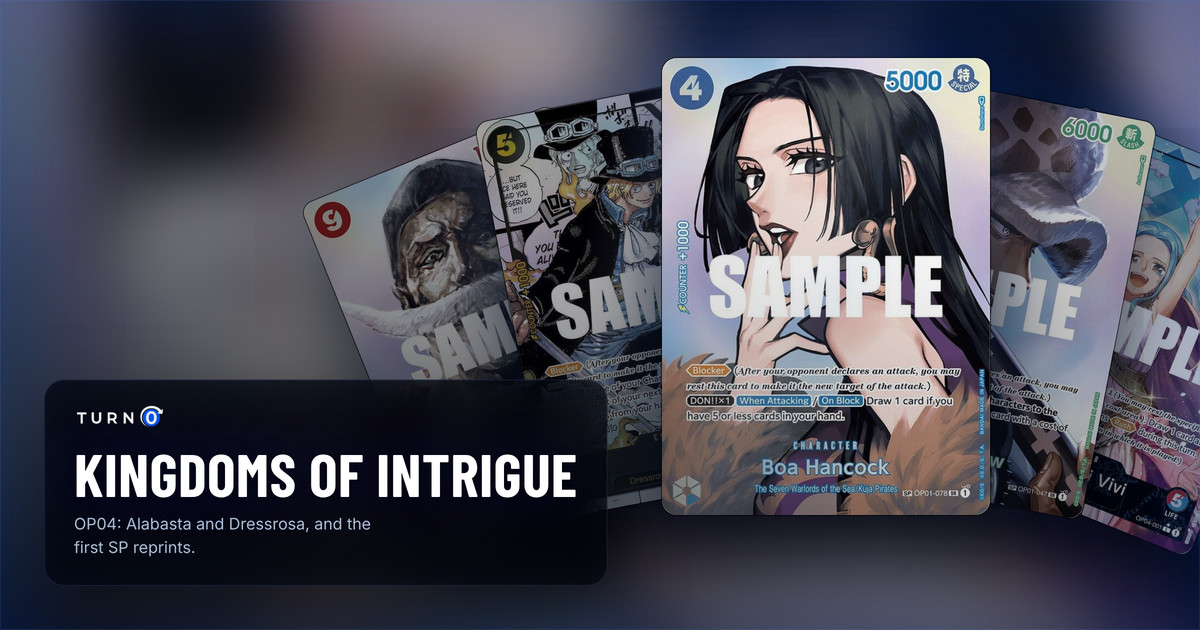 Five of the most valuable printings in OP04 Kingdoms of Intrigue fanned out: SP Edward.Newgate, Manga Sabo, SP Boa Hancock in front, SP Trafalgar Law and Alternate Art Nefeltari Vivi.