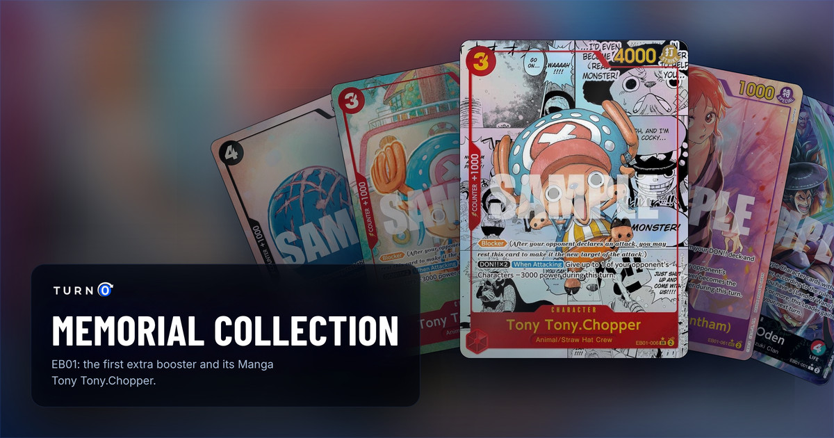 Five of the most valuable printings in EB01 Memorial Collection fanned out: Alternate Art Laboon, Alternate Art Tony Tony.Chopper, Manga Tony Tony.Chopper in front, Alternate Art Mr.2.Bon.Kurei(Bentham) and Alternate Art Kouzuki Oden.