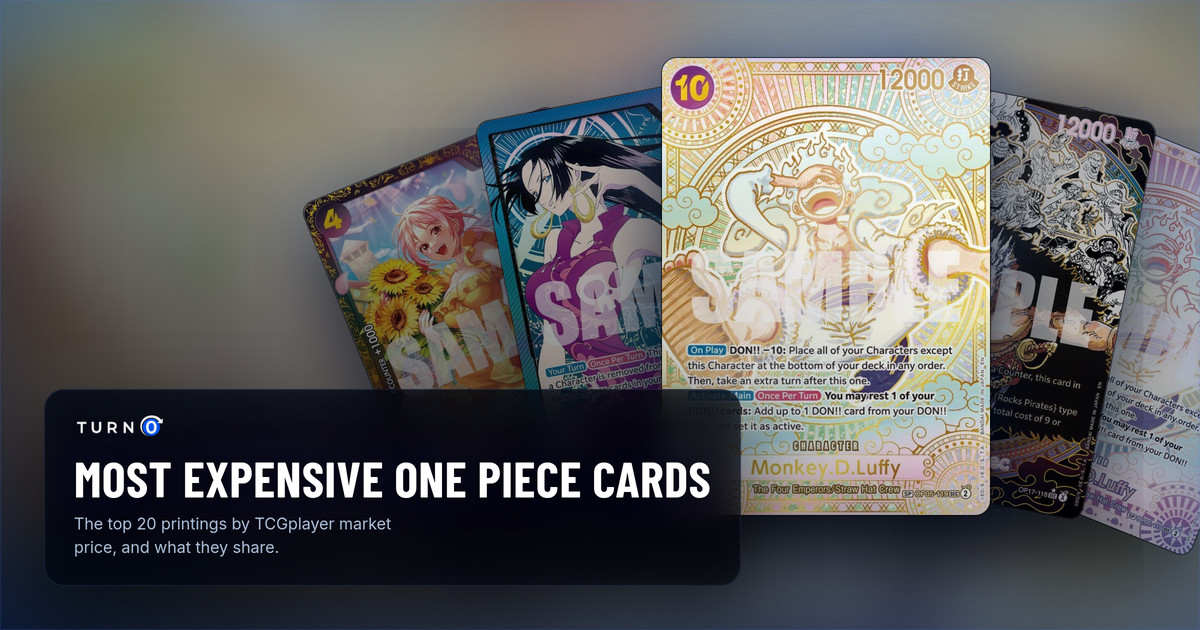 The five most expensive One Piece printings on TCGplayer fanned out: the October Championship 2024 Online Regional Rebecca, the SP Boa Hancock Leader, the Gold SP Monkey.D.Luffy in front, the Super Alternate Art Rocks.D.Xebec and the SP Monkey.D.Luffy.