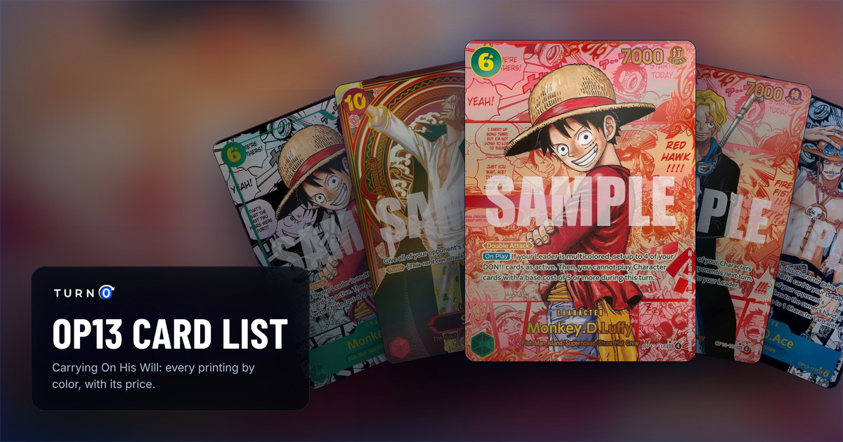 Five of the most valuable printings in OP13 Carrying On His Will fanned out: the Super Alternate Art Monkey.D.Luffy, the Gold SP Shanks, the Red Super Alternate Art Monkey.D.Luffy in front, the Red Super Alternate Art Sabo and the Super Alternate Art Portgas.D.Ace.