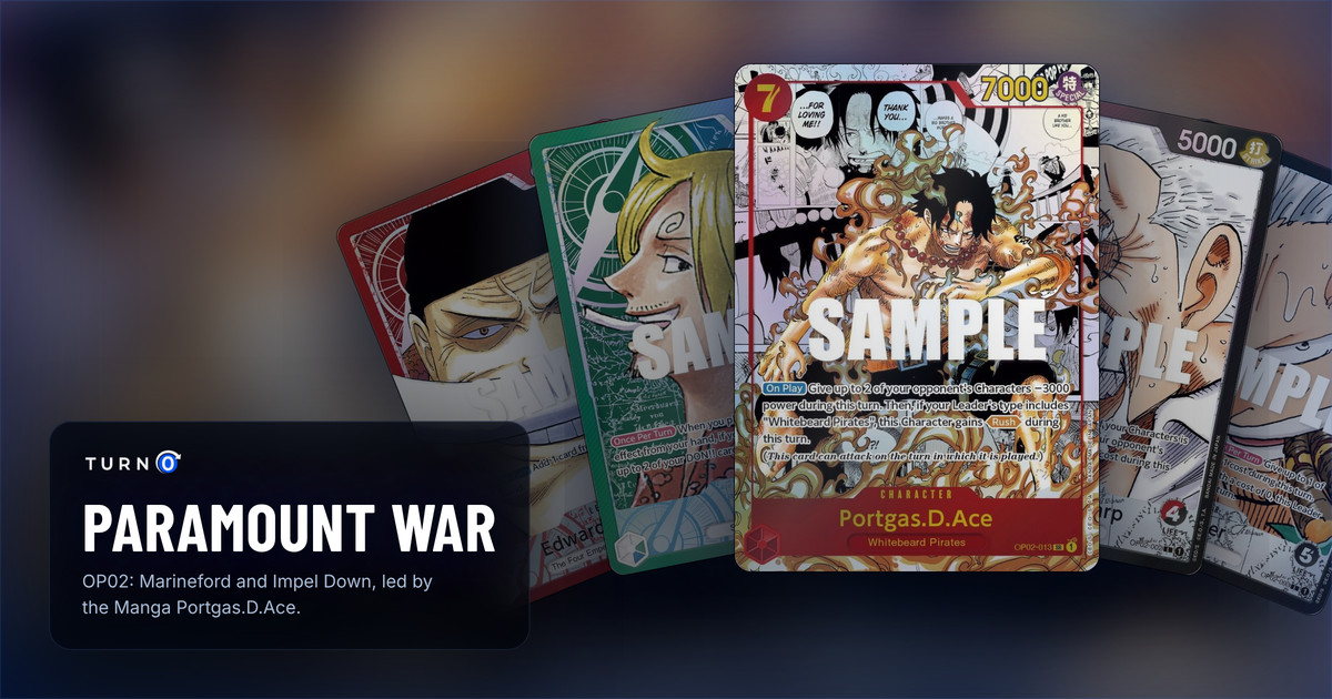 Five of the most valuable printings in OP02 Paramount War fanned out: Alternate Art Edward.Newgate, Alternate Art Sanji, Manga Portgas.D.Ace in front, Alternate Art Monkey.D.Garp and Alternate Art Smoker.