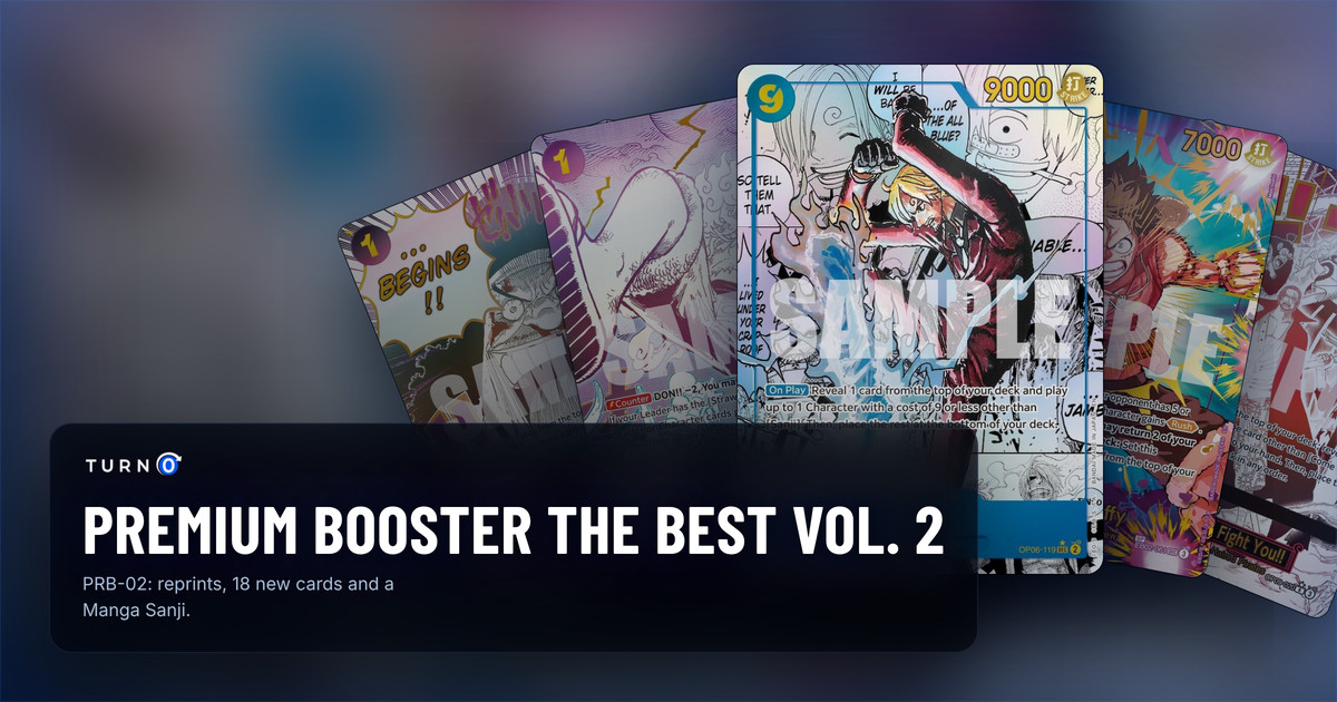 Five of the most valuable printings in PRB-02 Premium Booster The Best Vol. 2 fanned out: Alternate Art My Era...Begins!!, Alternate Art Gum-Gum Giant, Manga Sanji in front, SP Monkey.D.Luffy and Alternate Art Come On!! We'll Fight You!!.