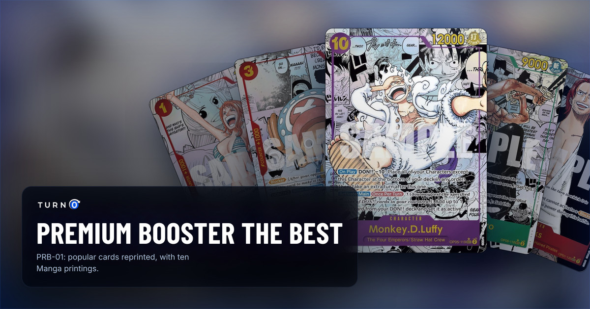 Five of the most valuable printings in PRB-01 Premium Booster The Best fanned out: Manga Nami, Manga Tony Tony.Chopper, Manga Monkey.D.Luffy in front, Manga Roronoa Zoro and Manga Shanks.