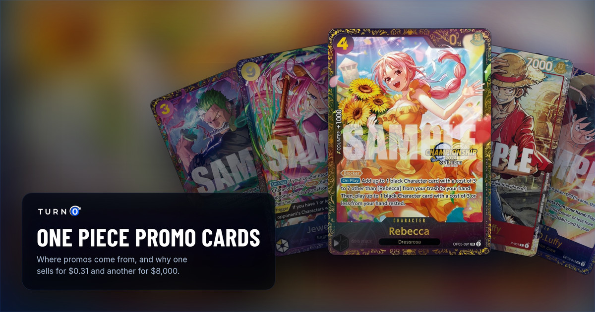 Five valuable One Piece promo cards fanned out: the Championship 25-26 Regionals Roronoa Zoro, the Treasure Cup May 2026 Jewelry Bonney, the October Championship 2024 Online Regional Rebecca in front, the Store Championship Trophy Card Monkey.D.Luffy and the Treasure Cup 2025 Monkey.D.Luffy.
