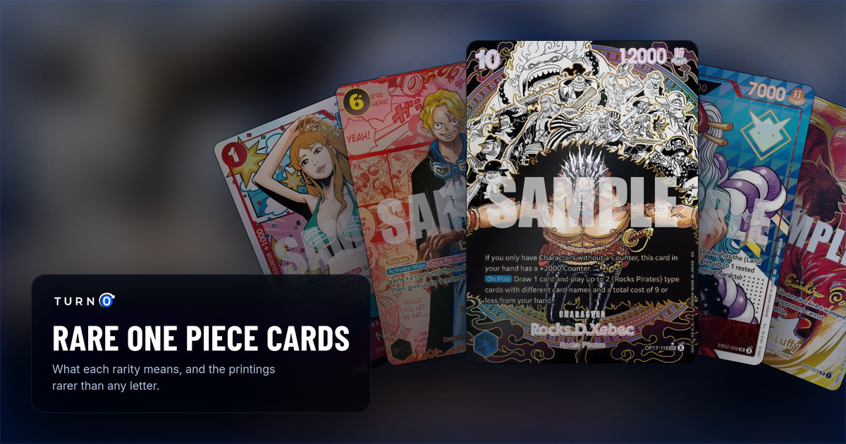 Five rare One Piece printings fanned out: the Treasure Rare Nami, the Red Super Alternate Art Sabo, the Super Alternate Art Rocks.D.Xebec in front, the Serial Numbered Yamato and the Gold-Stamped Signature Monkey.D.Luffy.