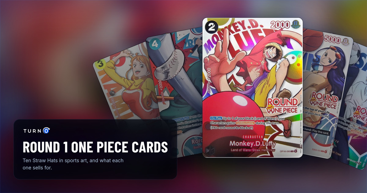 Five of the ten Round1 promo cards fanned out, each a Straw Hat in sports art with a ROUND ONE PIECE stamp: Nami, Roronoa Zoro, Monkey.D.Luffy in front, Nico Robin and Sanji.