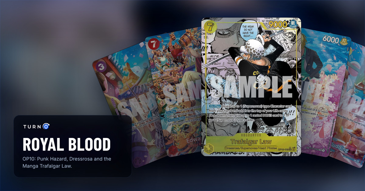 Five of the most valuable printings in OP10 Royal Blood fanned out: SP Uso-Hachi, SP Edward.Newgate, Manga Trafalgar Law in front, SP Sanji and SP Charlotte Pudding.