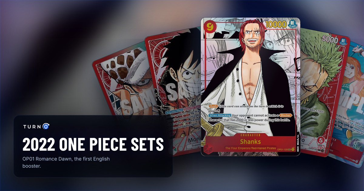 Five of the most valuable printings in OP01 Romance Dawn fanned out: Parallel Trafalgar Law, Parallel Monkey.D.Luffy, Manga Shanks in front, Parallel Roronoa Zoro and Parallel Nami.