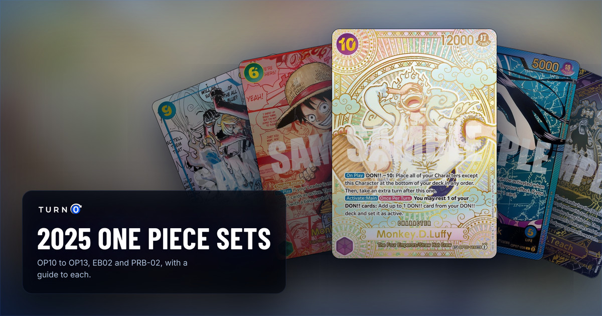 The chase cards of the 2025 One Piece Card Game sets fanned out: Manga Sanji, Red Super Alternate Art Monkey.D.Luffy, Gold SP Monkey.D.Luffy in front, SP Boa Hancock and Gold SP Marshall.D.Teach.
