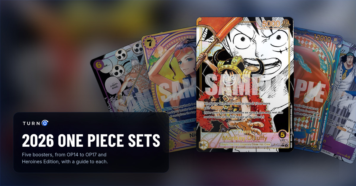 The chase card of each 2026 One Piece set fanned out: the Manga Enel, the SP Nico Robin, the Super Leader Alternate Art Monkey.D.Luffy in front, the Gold SP Buggy and the Manga Kuzan.