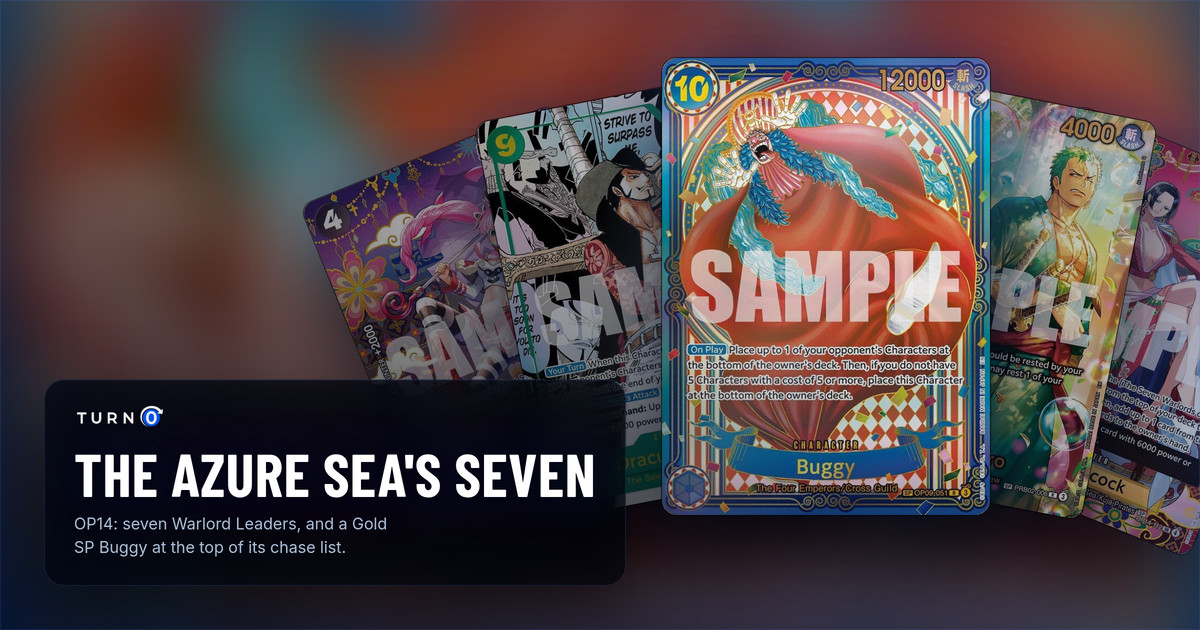 Five of the most valuable printings in OP14 The Azure Sea's Seven fanned out: SP Perona, Manga Dracule Mihawk, the Gold SP Buggy in front, SP Roronoa Zoro and SP Boa Hancock.