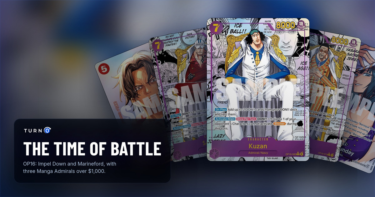 Five of the most valuable printings in OP16 The Time of Battle fanned out: SP Portgas.D.Ace, Manga Sakazuki, the Manga Kuzan in front, Manga Borsalino and SP Ms. All Sunday.