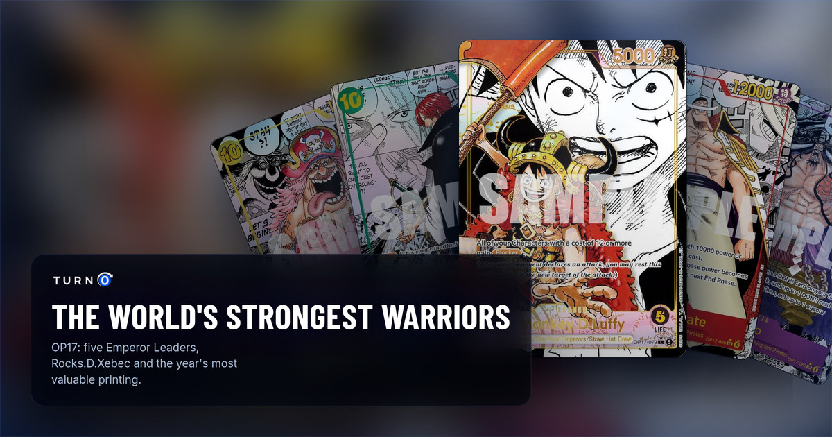 Five of the most valuable printings in OP17 The World's Strongest Warriors fanned out: Manga Charlotte Linlin, Manga Shanks, the Super Leader Alternate Art Monkey.D.Luffy in front, Manga Edward.Newgate and Manga Kaido.