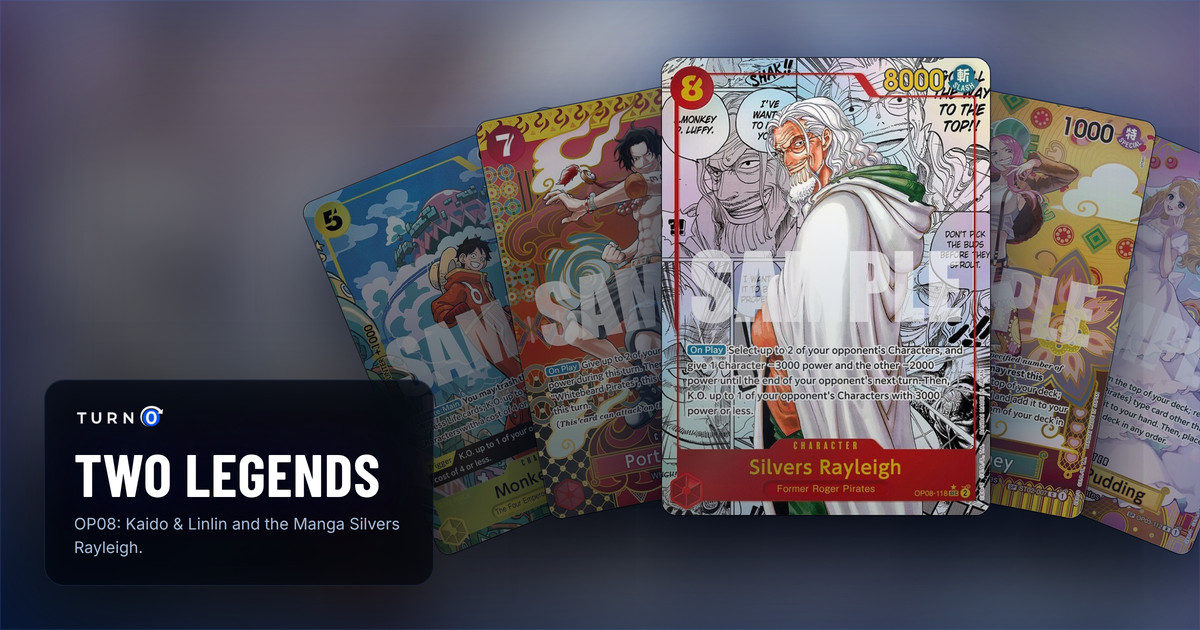 Five of the most valuable printings in OP08 Two Legends fanned out: Treasure Rare Monkey.D.Luffy, SP Portgas.D.Ace, Manga Silvers Rayleigh in front, SP Jewelry Bonney and SP Charlotte Pudding.