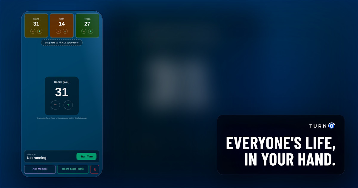 Personal Mode running solo, full screen: three opponents' life totals in colored tiles above the player's own, with a drag zone for hitting all opponents at once.