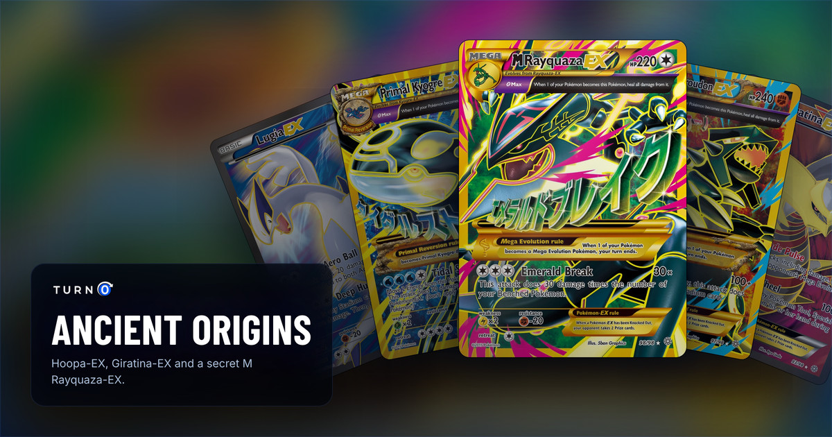 Five Ancient Origins chase cards fanned out: Lugia-EX, Primal Kyogre-EX, M Rayquaza-EX in front, Primal Groudon-EX and Giratina-EX.