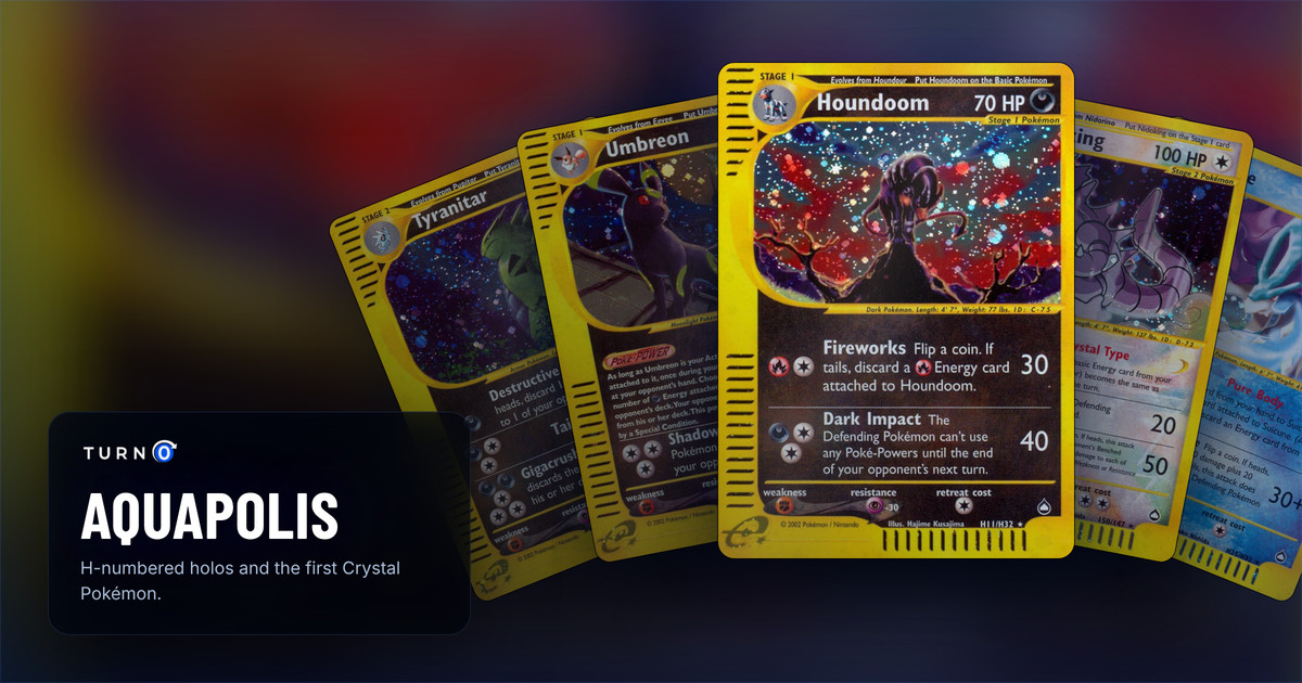 Five Aquapolis cards fanned out: Tyranitar, Umbreon, Houndoom in front, Nidoking and Suicune.