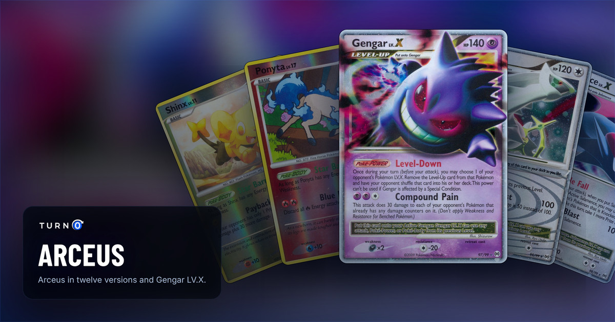 Five Arceus cards fanned out: Shinx, Ponyta, Gengar LV.X in front, Arceus LV.X and Salamence LV.X.