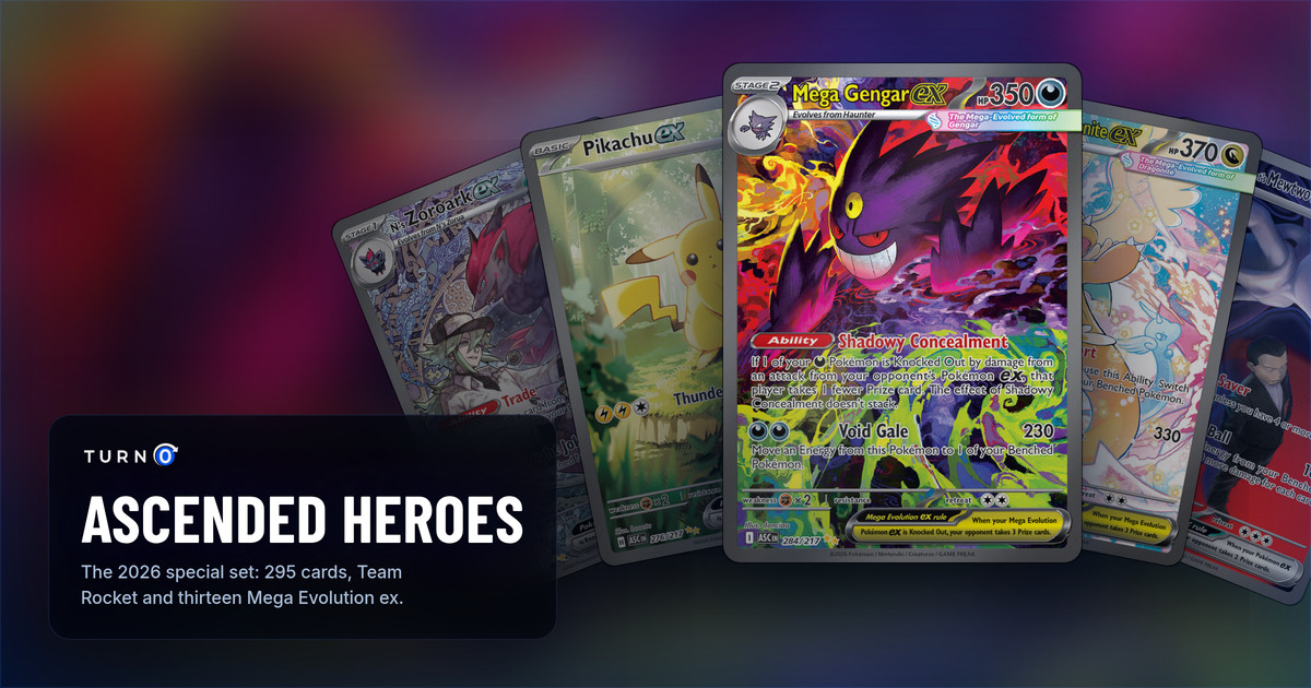 Five Ascended Heroes Special Illustration Rares fanned out: N's Zoroark ex, Pikachu ex, Mega Gengar ex in front, Mega Dragonite ex and Team Rocket's Mewtwo ex.