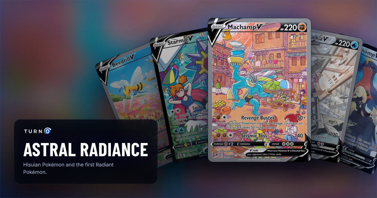 Five Astral Radiance chase cards fanned out: Beedrill V, Starmie V, Machamp V in front, Origin Forme Palkia V and Garchomp V.
