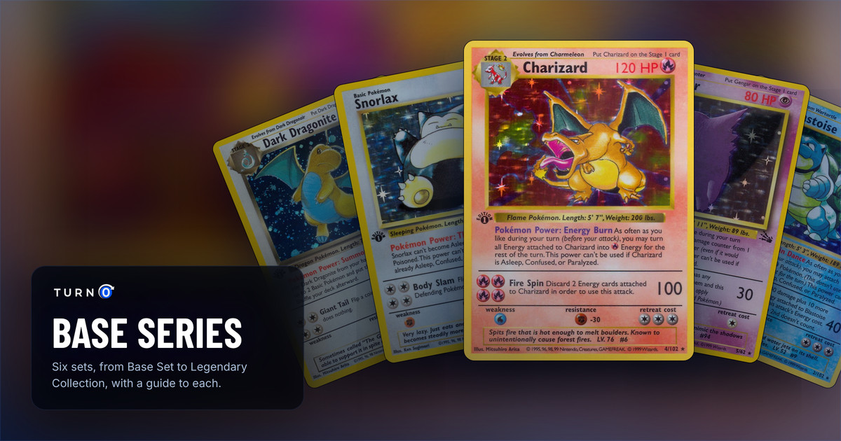Chase cards from the Pokémon TCG Base series fanned out: Dark Dragonite, Snorlax, Charizard in front, Gengar and Blastoise.