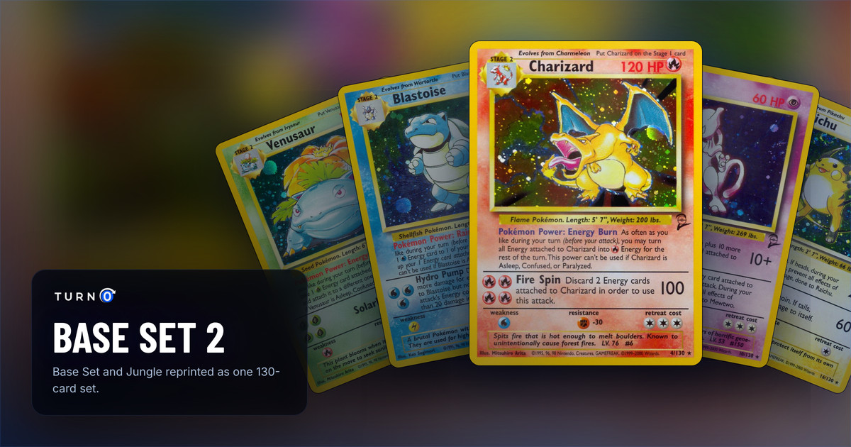 Five Base Set 2 cards fanned out: Venusaur, Blastoise, Charizard in front, Mewtwo and Raichu.