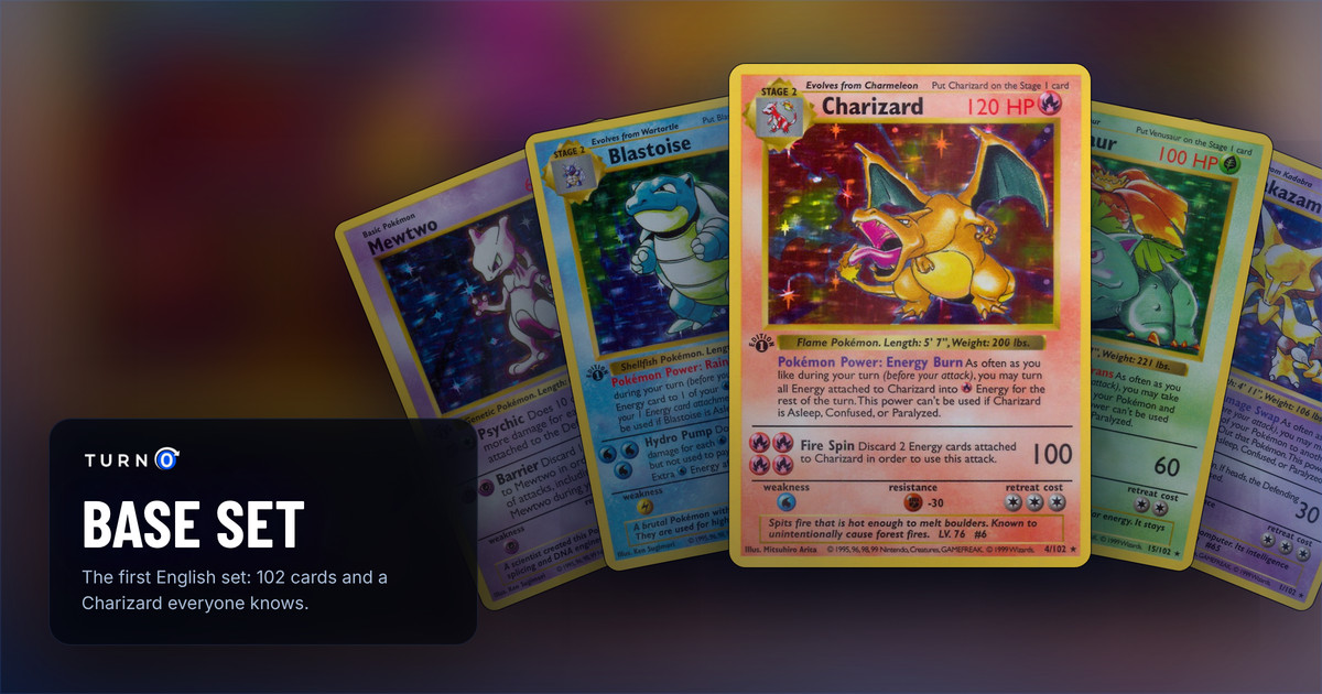Five Base Set cards fanned out: Mewtwo, Blastoise, Charizard in front, Venusaur and Alakazam.