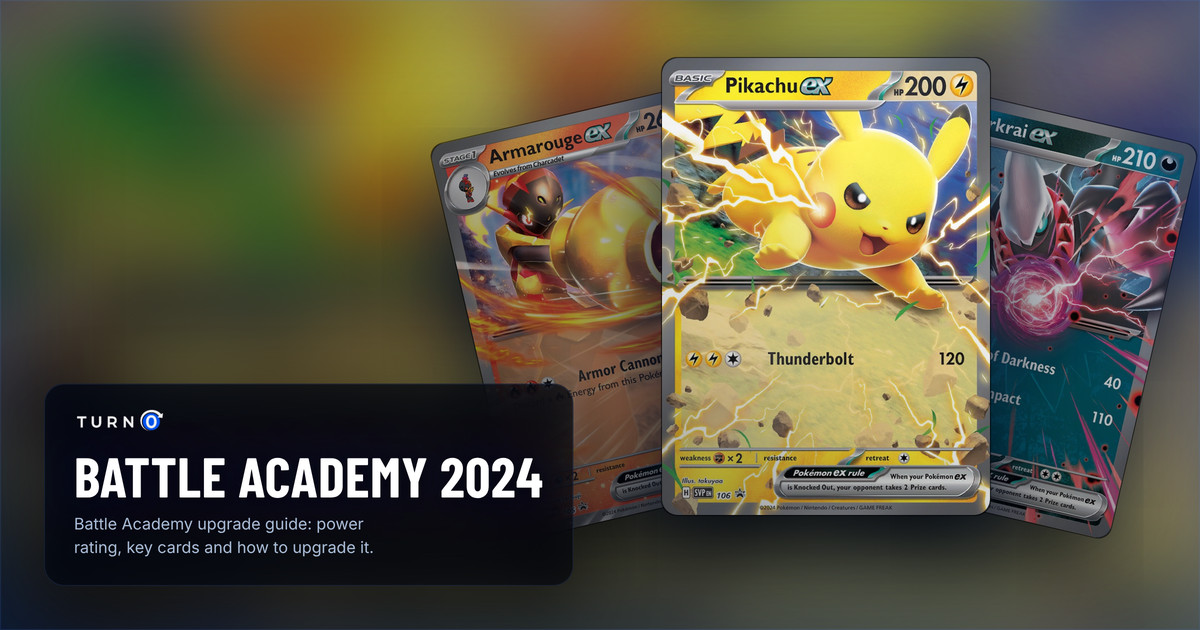 Three cards from the Pokémon TCG Battle Academy 2024 fanned out: Armarouge ex, Darkrai ex, and Pikachu ex in front.