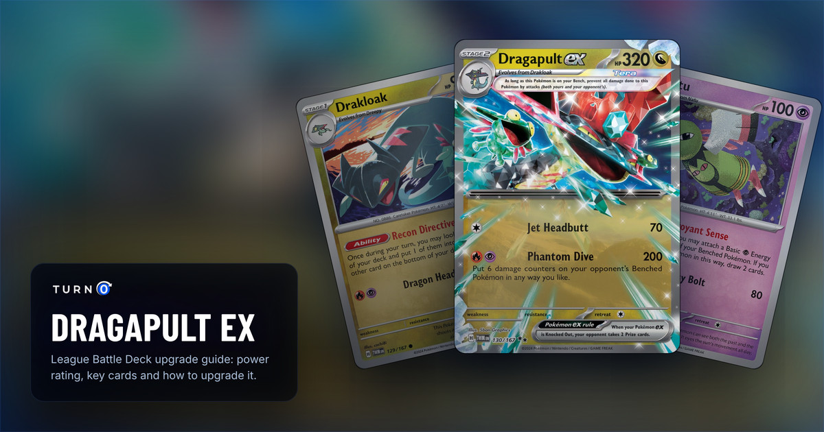 Three cards from the Dragapult ex League Battle Deck fanned out: Drakloak, Xatu, and Dragapult ex in front.