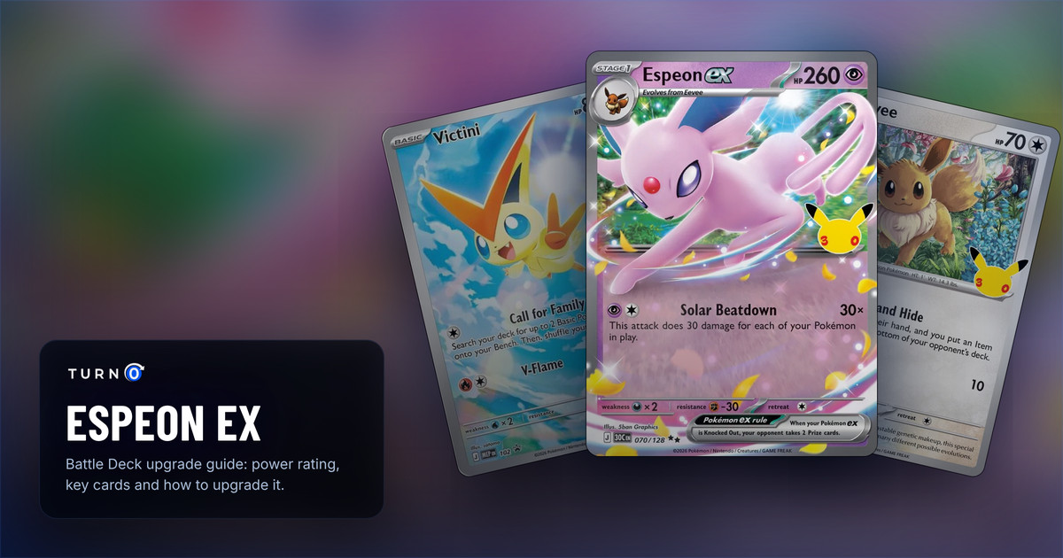 Three cards from the Espeon ex 30th Celebration Battle Deck fanned out: Victini, Eevee, and Espeon ex in front.