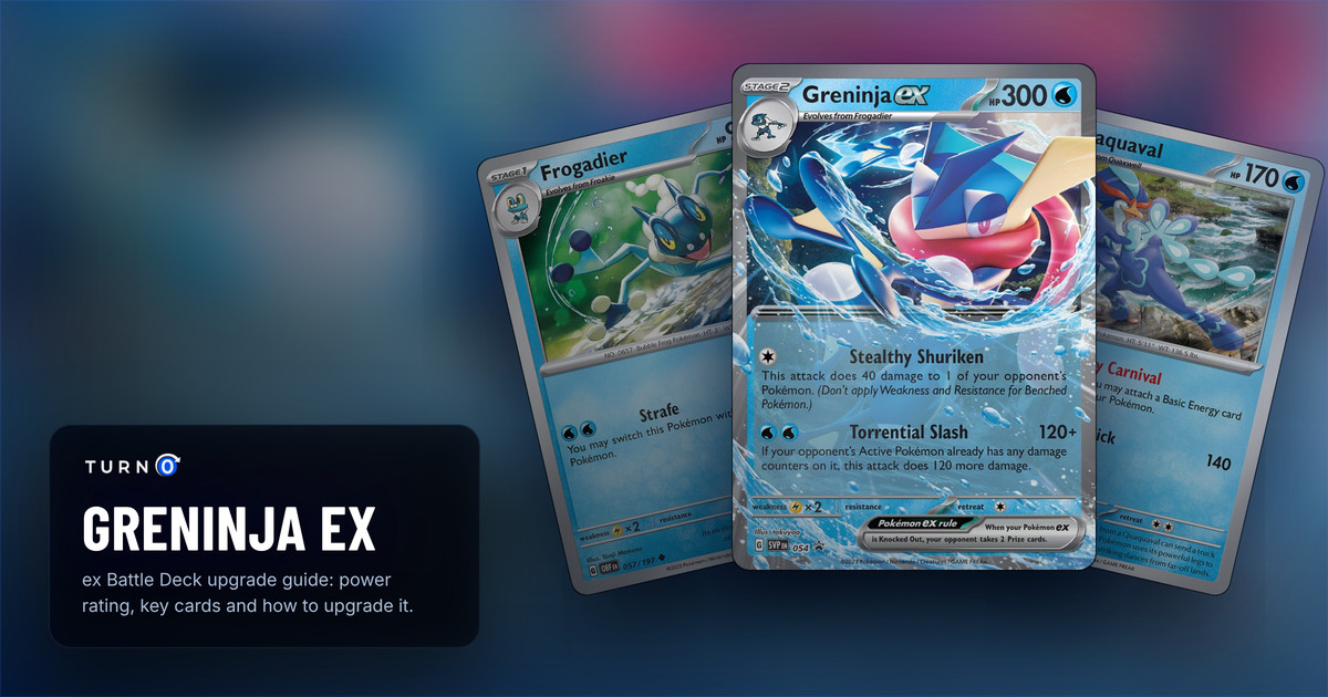 Three cards from the Greninja ex Battle Deck fanned out: Frogadier, Quaquaval, and Greninja ex in front.